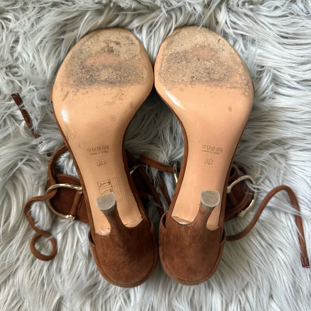 GUCCI x TOM FORD Horsebit Suede Sandal Heels Cognac Brown Size 8B - Picture 9 of 10